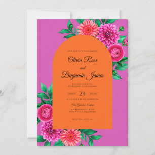 Magenta Orange Dahlia Wedding Invitation