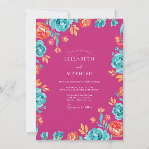 Magenta Orange Ranunculus Dusty Eucalyptus Wedding Invitation