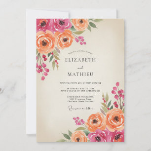 Magenta Orange Ranunculus Eucalyptus Wedding Invitation