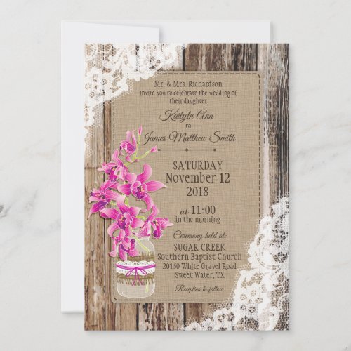 Magenta Orchid Wood Lace Rustic Wedding Invitation