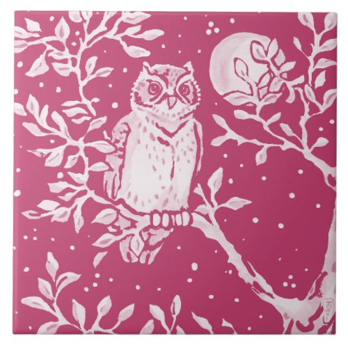 Magenta Owl Night Moon Animal Nature Woodland  Ceramic Tile