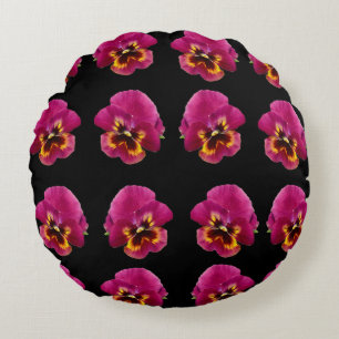 Magenta Pansies On Black, Round Pillow