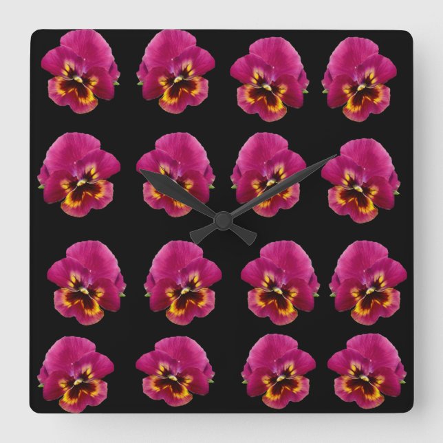 Magenta Pansies On Black, Square Wall Clock (Front)