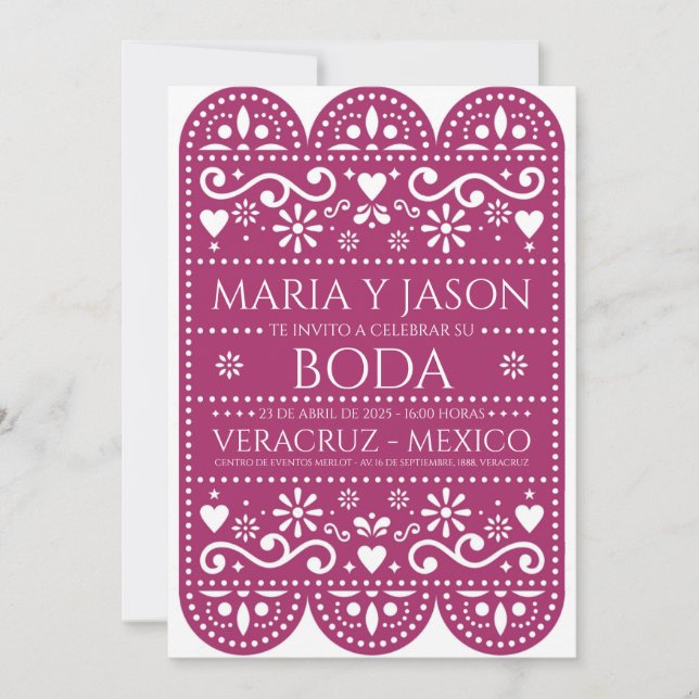 Magenta Papel Picado Folk Art Spanish Wedding Invitation (Front)