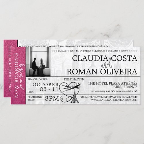 Magenta Paris Wedding Boarding Pass Invitation