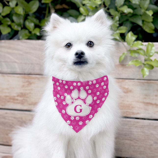 Magenta Paws Pattern Dog Monogram Pet Bandana Collar (Dog)