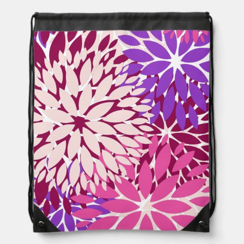 Magenta Peach Burgundy and Purple Stylized Dahlias Drawstring Bag