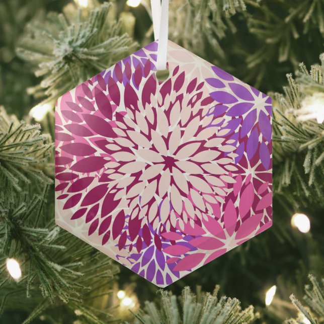 Magenta Peach Burgundy and Purple Stylized Dahlias Glass Ornament (Insitu)