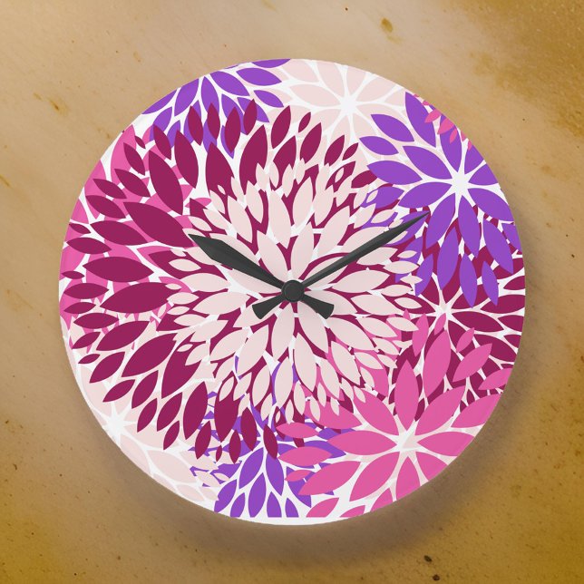Magenta Peach Burgundy and Purple Stylized Dahlias Large Clock (Creator Uploaded)