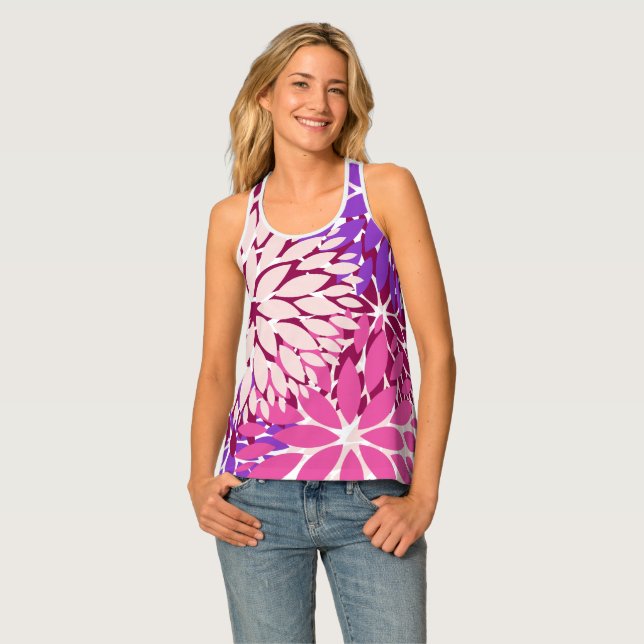 Magenta Peach Burgundy and Purple Stylized Dahlias Tank Top (Front Full)