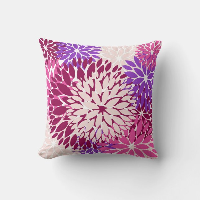 Magenta Peach Burgundy and Purple Stylized Dahlias Throw Pillow (Front)