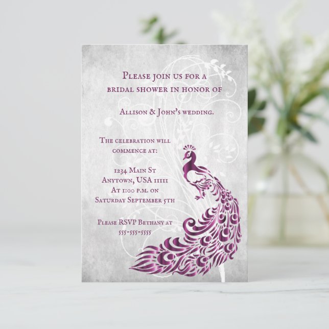 Magenta Peacock Leaf Vine Bridal Shower Invite (Standing Front)