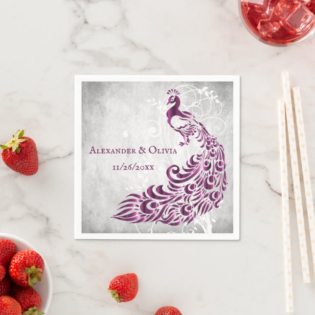 Magenta Peacock Leaf Vine Bridal Shower Napkin (Insitu)