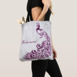 Magenta Peacock Leaf Vine Bridesmaid Tote<br><div class="desc">Personalize a all over print bag for your bridesmaids with a Magenta Peacock Leaf Vine Bridesmaid's Tote Bag. Tote design features a light gray grunge background with a vibrant magenta peacock with a leaf vine embellishment. Personalize with the bridesmaid's name or keep the bridesmaid title. Additional wedding stationery and gifts...</div>