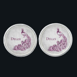 Magenta Peacock Leaf Vine Cuff Links<br><div class="desc">Personalize a unique for your wedding groomsmen with a set of Magenta Peacock Leaf Vine Personalized Cuff Links. Cuff link design features a light gray grunge background with a vibrant magenta peacock with a leaf vine embellishment. Personalize with the groomsmen's name. Additional wedding stationery available with this design as well....</div>