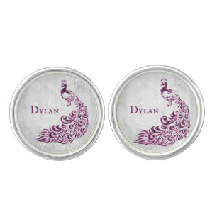 Magenta Peacock Leaf Vine Cuff Links