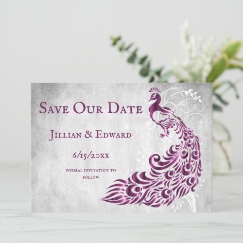 Magenta Peacock Leaf Vine Save The Date Announcement