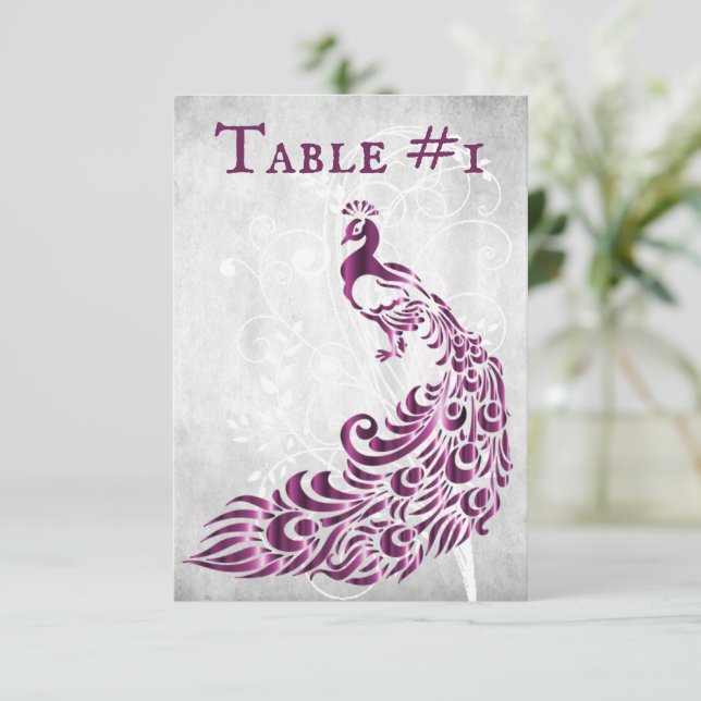 Magenta Peacock Leaf Vine Table Card (Standing Front)