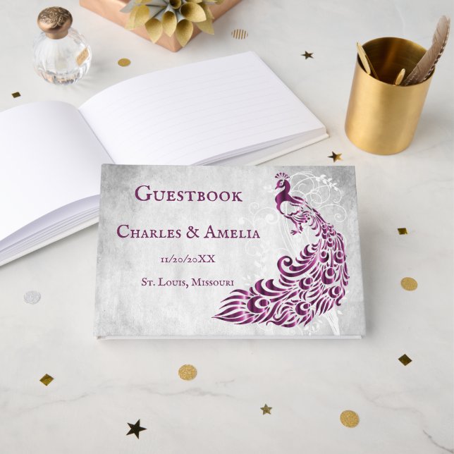 Magenta Peacock Leafy Vine Wedding Guestbook (Front Open)