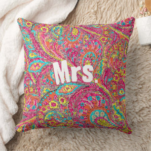 Magenta Peacock Paisley Coral Yellow Brides Throw Pillow