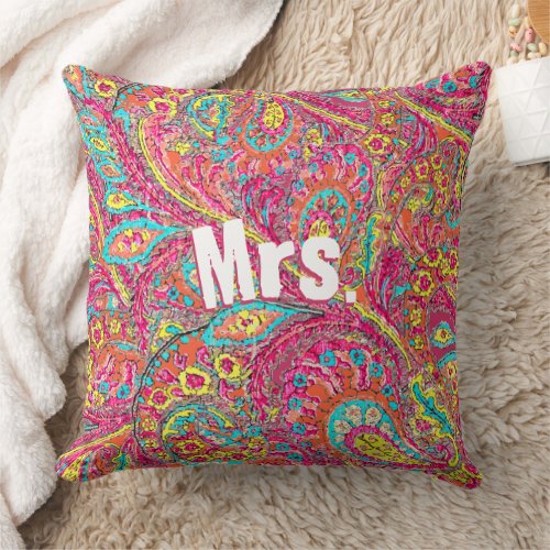 Magenta Peacock Paisley Coral Yellow Brides Throw Pillow