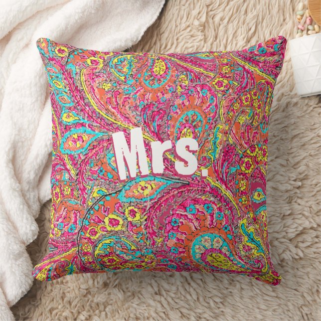Magenta Peacock Paisley Coral Yellow Brides Throw Pillow (Blanket)