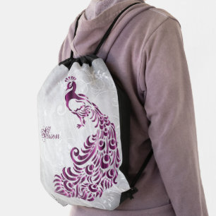 Magenta Peacock Personalize Drawstring Backpack