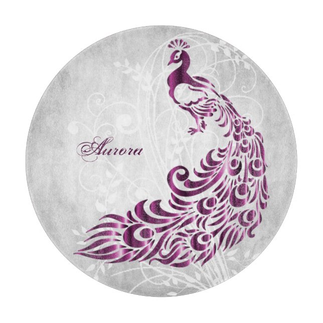 Magenta Peacock Personalized Cutting Board (Front)