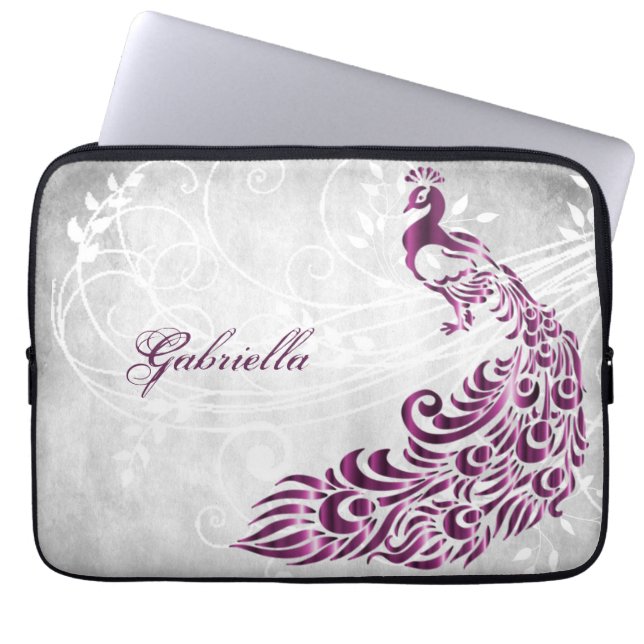 Magenta Peacock Personalized Laptop Sleeve (Front)