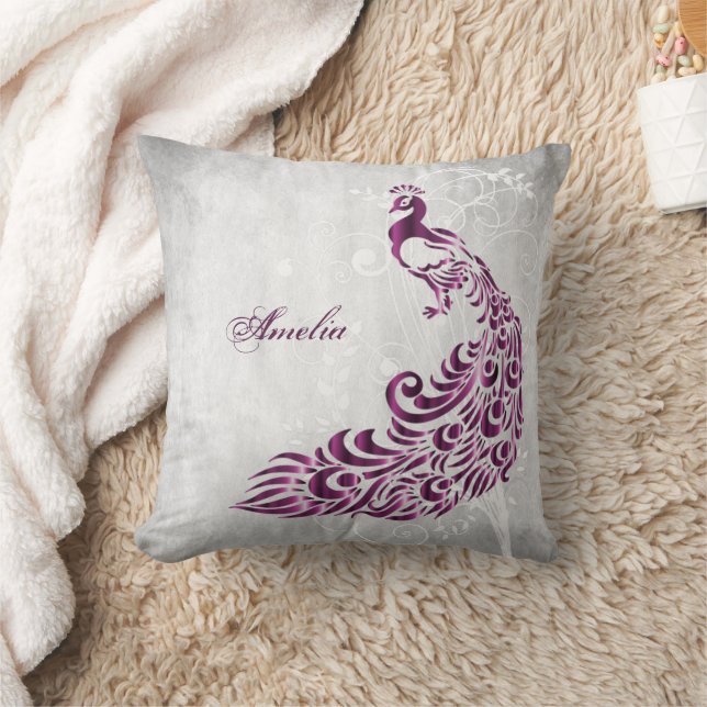 Magenta Peacock Personalized Throw Pillow (Blanket)