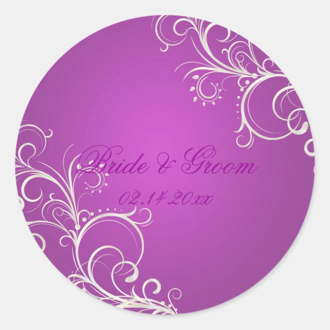 Magenta pearl swirls wedding stickers (Front)