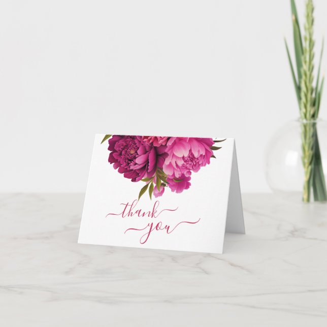Magenta Peony Floral Wedding  Thank You Card (Front)