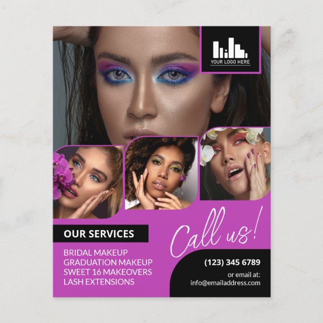 Magenta Photo Collage Logo QR Makeup Promotional Flyer (Front)