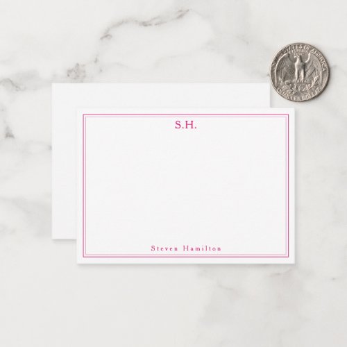 Magenta Pink 2 Monogram Name Minimal Border Note Card