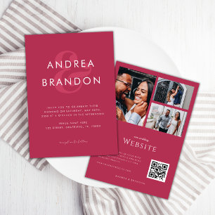 Magenta Pink 3 Photos Collage Ampersand Wedding Invitation