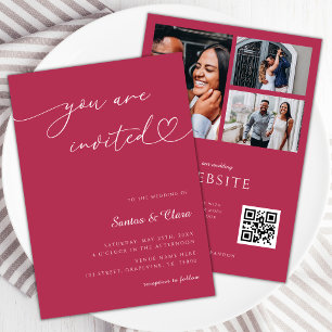 Magenta Pink 3 Photos QR Code All in One Wedding Invitation
