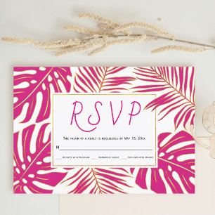 Magenta pink and gold tropical leaves wedding RSVP card