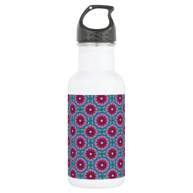 Magenta, Pink and Green Flower Pattern Water Bottle (Front)
