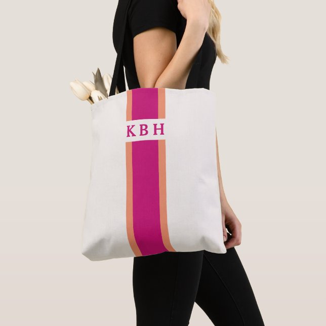 Magenta Pink and Orange, Classic Stripe Monogram Tote Bag