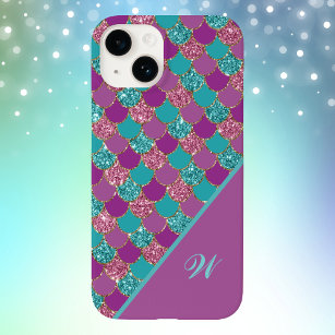 Magenta Pink and Teal Mermaid Scales with Initial Case-Mate iPhone 14 Case