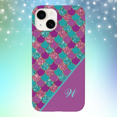 Magenta Pink and Teal Mermaid Scales with Initial Case_Mate iPhone 14 Case