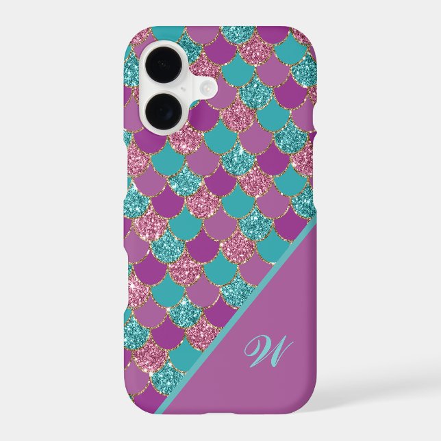 Magenta Pink and Teal Mermaid Scales with Initial iPhone Case (Back)