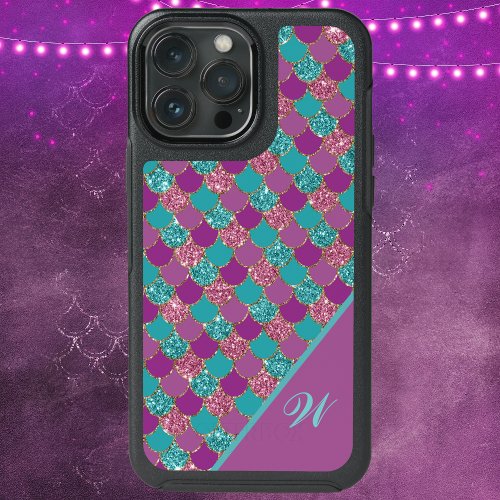 Magenta Pink and Teal Mermaid Scales with Initial OtterBox iPhone 14 Case