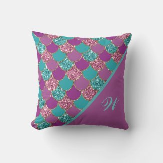 Magenta Pink and Teal Mermaid Scales with Initial