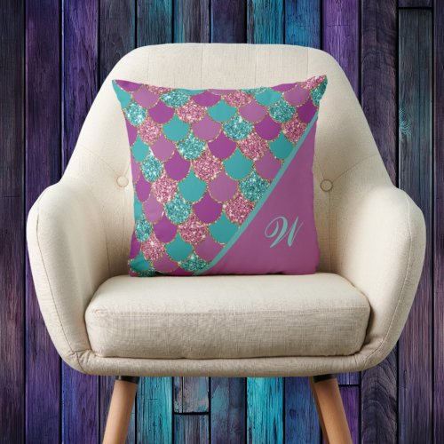 Magenta Pink and Teal Mermaid Scales with Initial Throw Pillow
