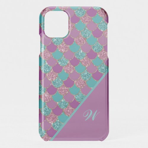 Magenta Pink and Teal Mermaid Scales with Initial iPhone 11 Case