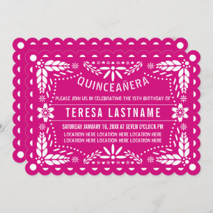 Magenta pink and white papel picado Quinceañera Invitation