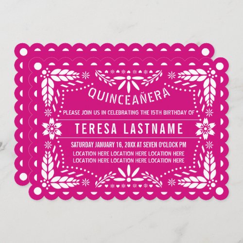 Magenta pink and white papel picado Quinceaera Invitation