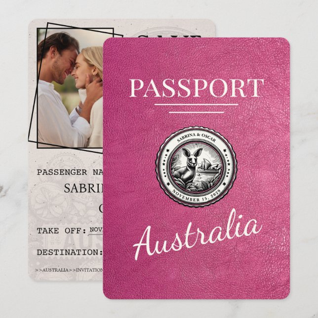 Magenta Pink Australia Passport Save The Date (Front/Back)