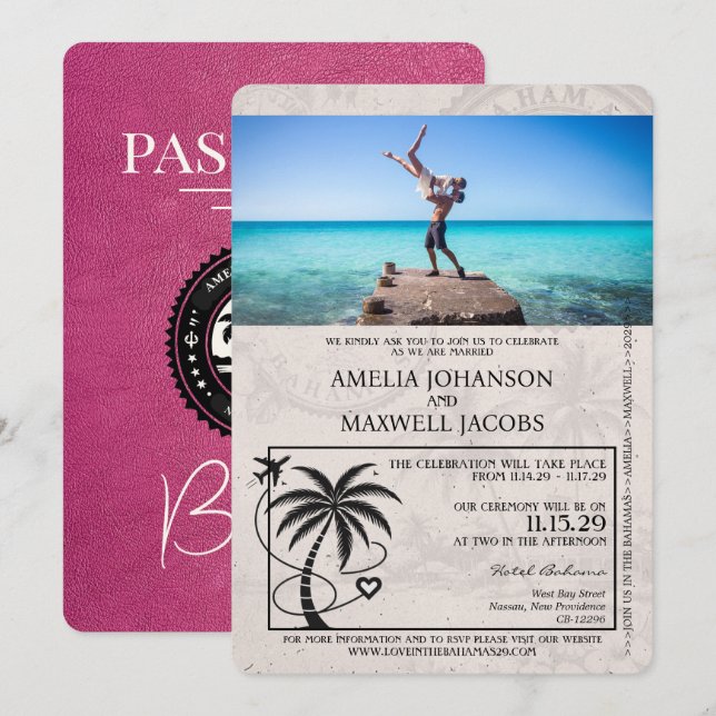 Magenta Pink Bahamas Passport Wedding Invitation (Front/Back)